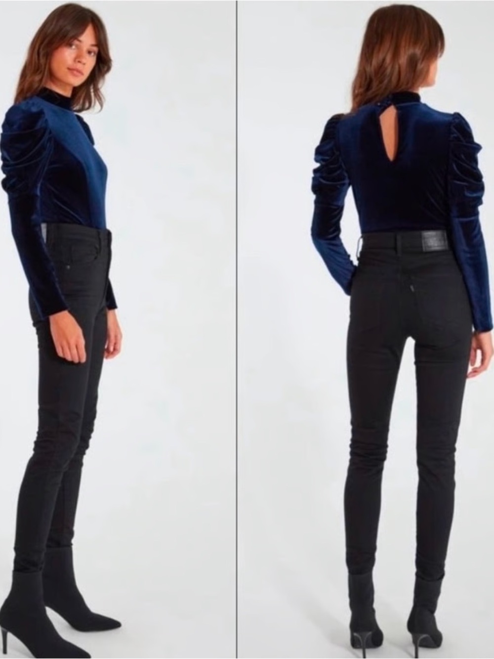 MISA Navy Velvet Puff Sleeve Top